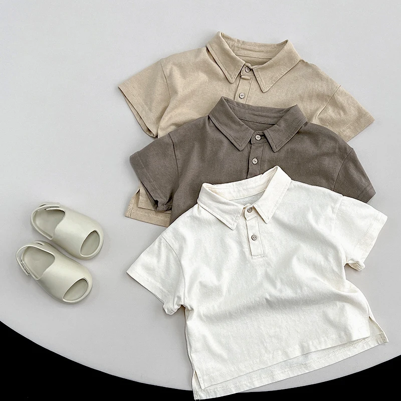 

Children's Cotton Short-Sleeved T-Shirt Boys Polo Shirts Summer Girls Korean Retro New Casual Buttons Simple Tops WT864