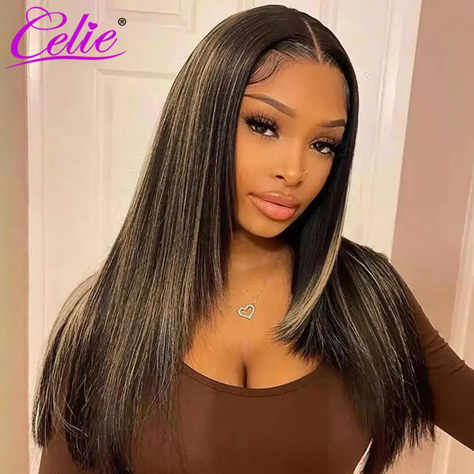 Celie Highlight Straight Wig With Layered Cut Pre Bleached Human Hair Wigs 200 Density Wear&Go Glueless 6x5 HD Lace Closure Wig