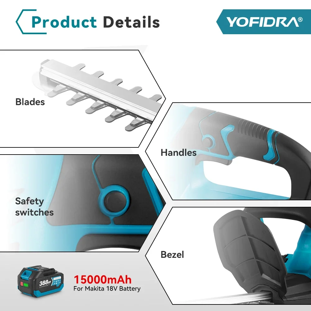 YOFIDRA 2000W Electric Hedge Trimmer Lawn Mower Cordless Household Garden  Shrub Weeding Pruning Tools For Makita 18V Battery 5