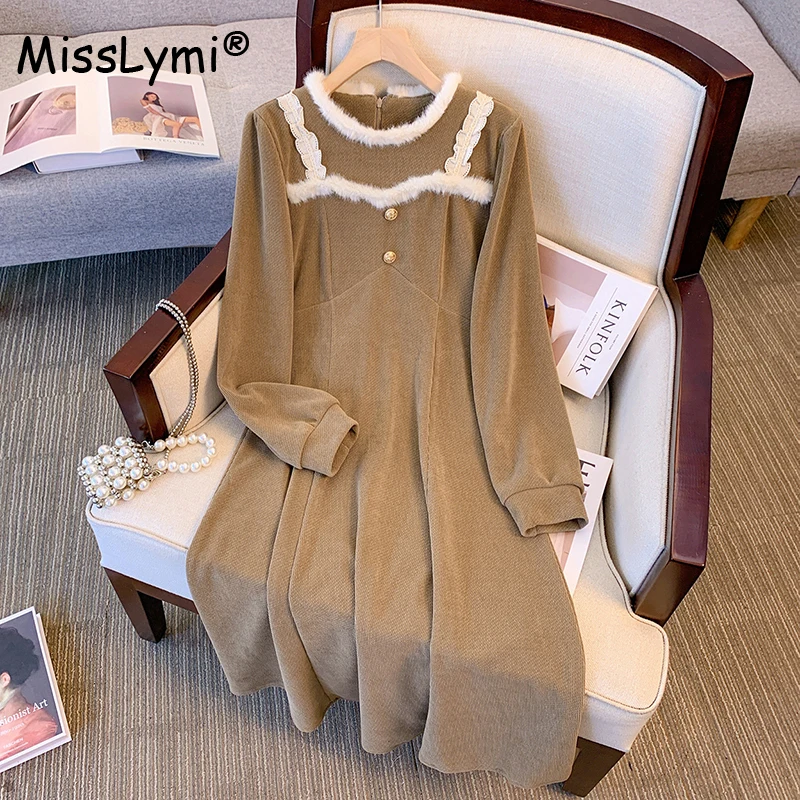 

Furry Binding Dress Women Clothing Autumn Winter 2023 French Retro Style O-Neck Long Sleeve High Waist A-Line Midi Dresses