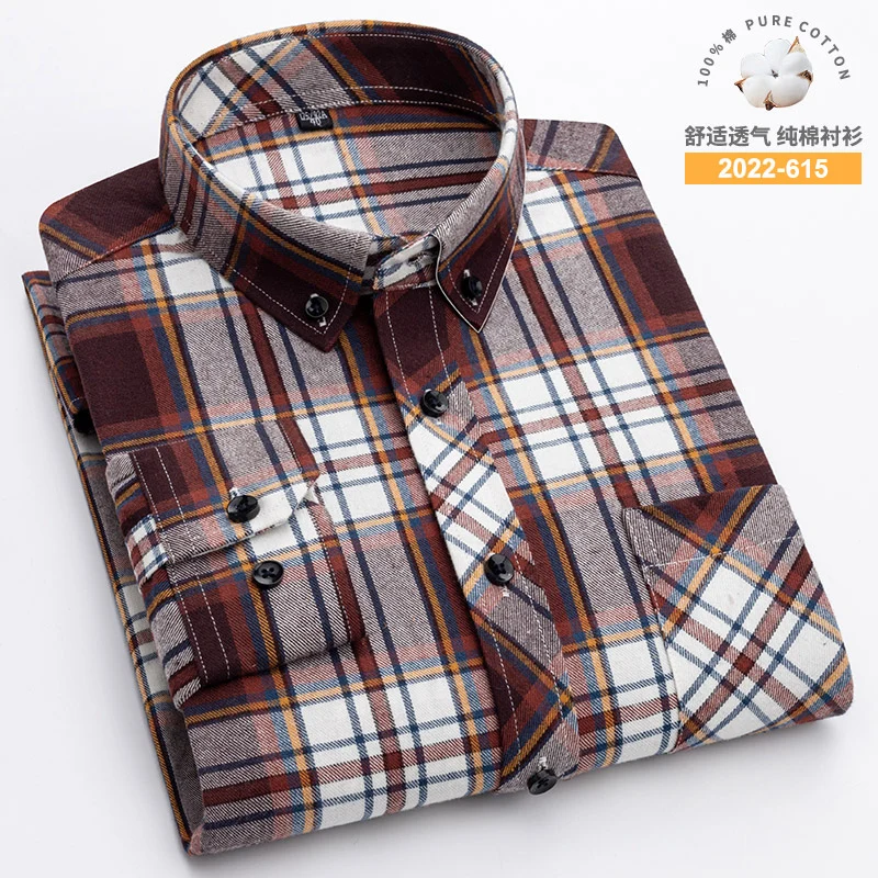 mens short sleeve button down New Plus Size M~8XL Pure Cotton Flannel Plaid Shirts For Mens Long Sleeve Dress Shirt Male Casual Soft Comfort Slim Fit Clothing mens white short sleeve shirt Shirts