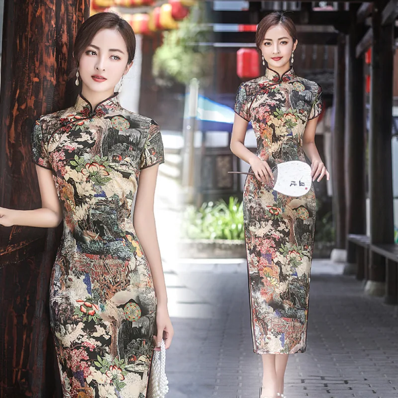 Women's Modern Cheongsam Maxi Dress - Floral Brocade Qipao With Stand Collar & Short Sleeves - View #3