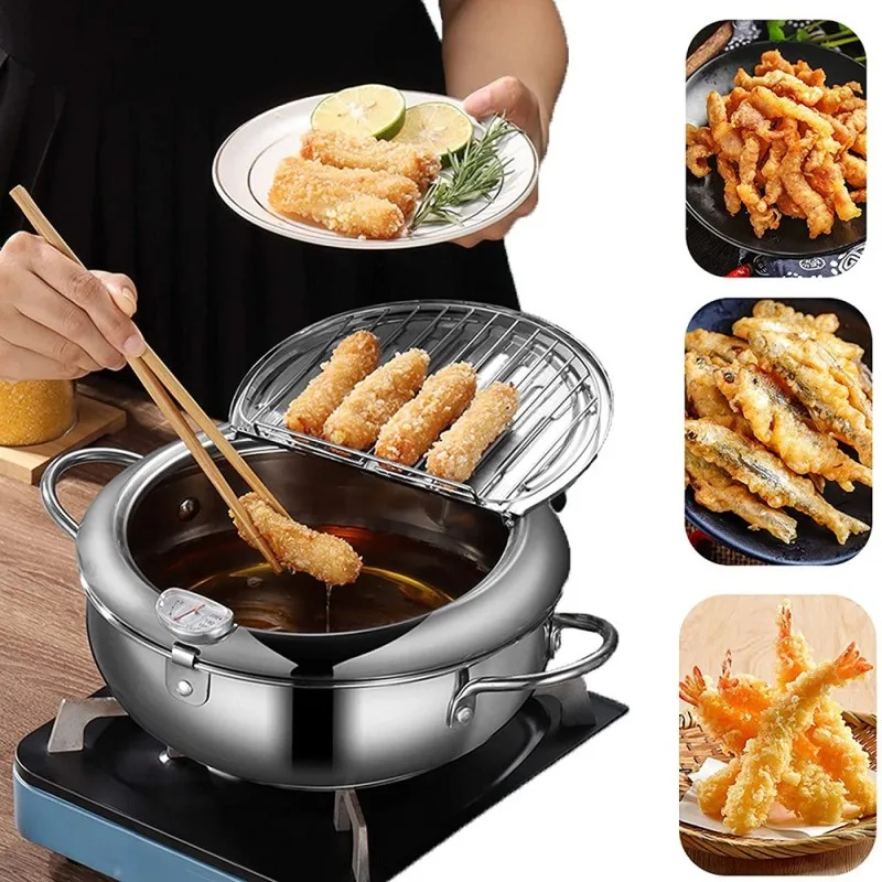 304 Stainless Steel Tempura Deep Fryer Pot Oil Frying Pan With Thermometer  for French Fries Kitchen Tempura Household Onion Ring - AliExpress