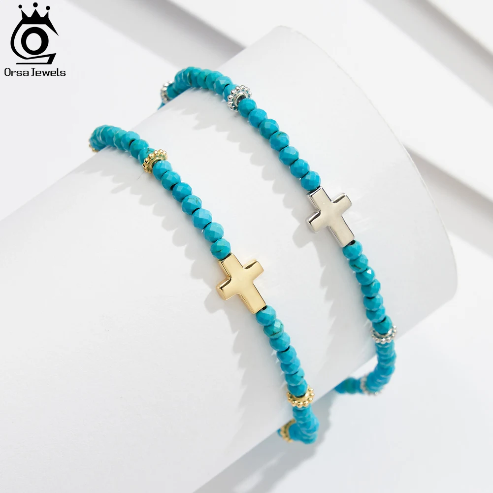 ORSA JEWELS Natural Turquoise Foot Chain with Zirconia 925 Silver Charm Anklets Cross Infinite For Women Beach Accessories SA86