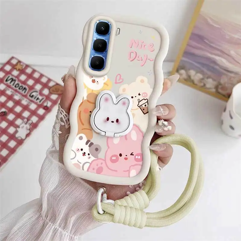 Cute Cartoon Animals Phone Case Set with Lanyard and Rabbit Stand – 3-Piece Bundle