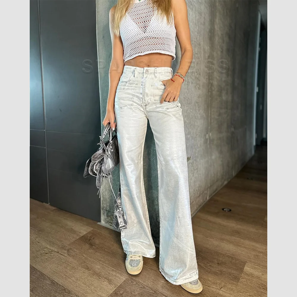 Metallic Y2K Advanced Sense Coating Casual Wide-leg Jeans Female Straight Jeans Loose Hip-hop Streetwear Oversize Denim Trousers 5