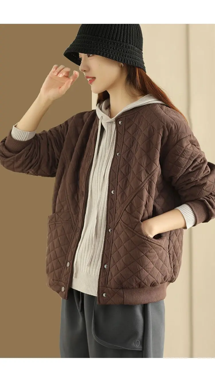Diamond Plaid Thickened Jacket Women Threaded Cotton Round Neck Long Sleeve Baseball Jersey Loose Cardigan Solid Tops Warm