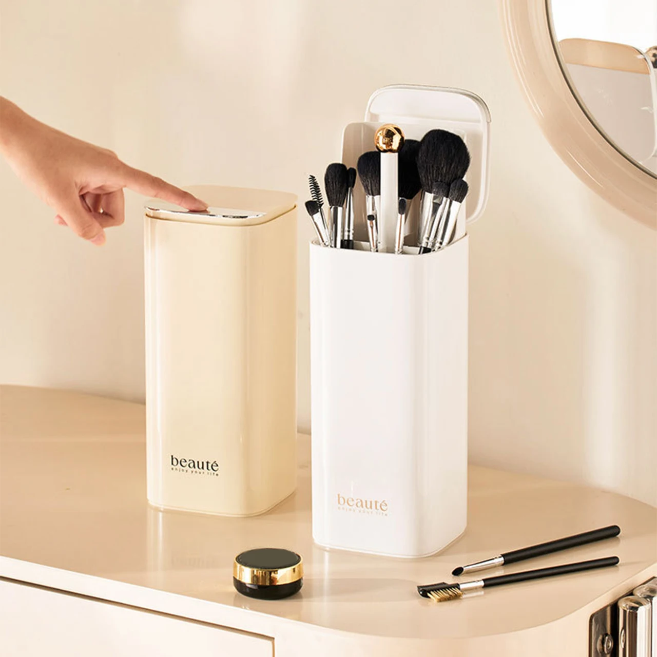 Auto-Rising Makeup Brush Storage Holder Large Capacity Dustproof Makeup Tool Organizer Makeup Tissue Holders Home Organizers