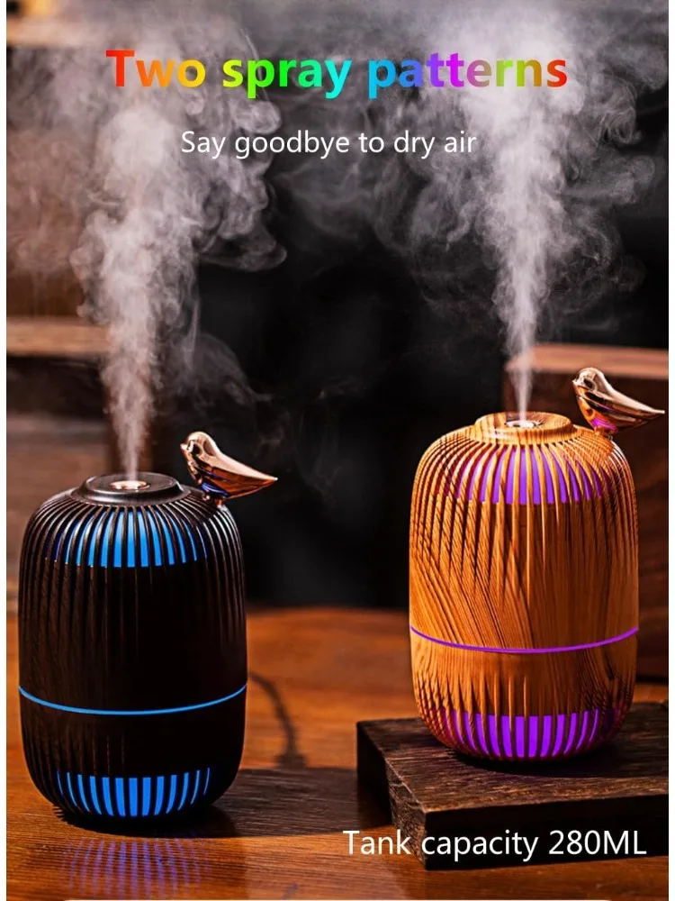 나뭇결 무늬 새 모양 가습기 7색 LED 무드등 280ml USB 저소음 초음파 쿨 미스트 가정용 침실 사무실 책상 차량용
