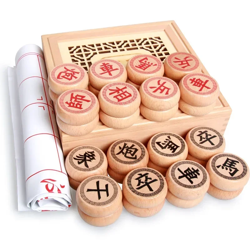 High-end Wooden Chinese Chess Large Pieces Xiangqi Family Travel Board Game Set With PU Leather Checkerboard For 2 Players