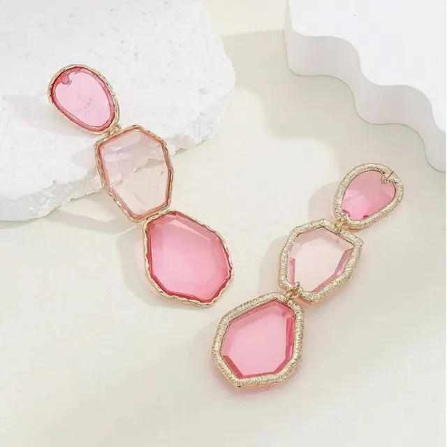 Women Geometric Glass Stone Drop Earrings Fuchsia Pink Crystal Stone Statement Earrings Party Bridal Wedding Earring Jewelry 3