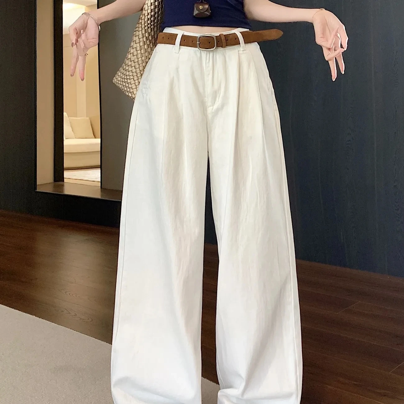 Y2K Korean Style Women's White High Waisted Wide Leg Jeans 2026 Spring Summer New Pleated Design Draped Casual Pants Streetwear 2