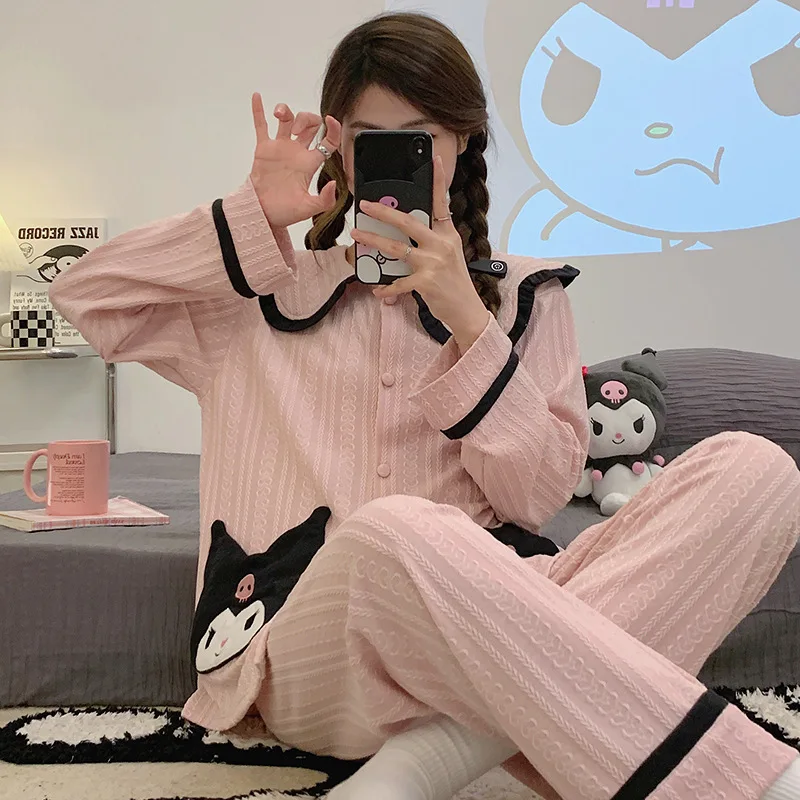 Pajama Women's Jacquard Cartoon Lapel Cardigan Korean Version Long Sleeved Sweet Home Outfit Set