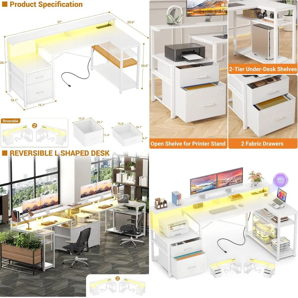 White Corner L-Shaped Desk with File Drawer, Power Outlet, LED Strip ...