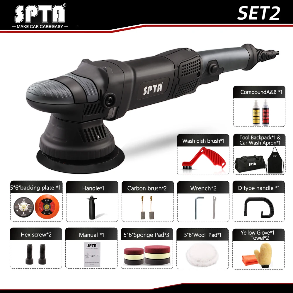 SPTA 5&Prime; 780W Dual Action Car Polisher Buffer Kit 6 Speed Variable 5&Prime;/6&Prime; Pads