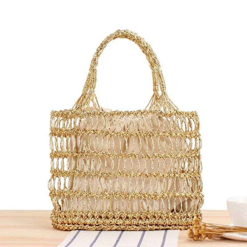 New gold and silver thread hollowed out hand hook woven bag for