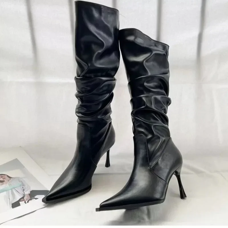 Women's Shoes 2023 High Quality Slip-on Women's Boots Fashion Pleated Office and Career Sexy Pointed Toe Knee-High Boots Zapatos