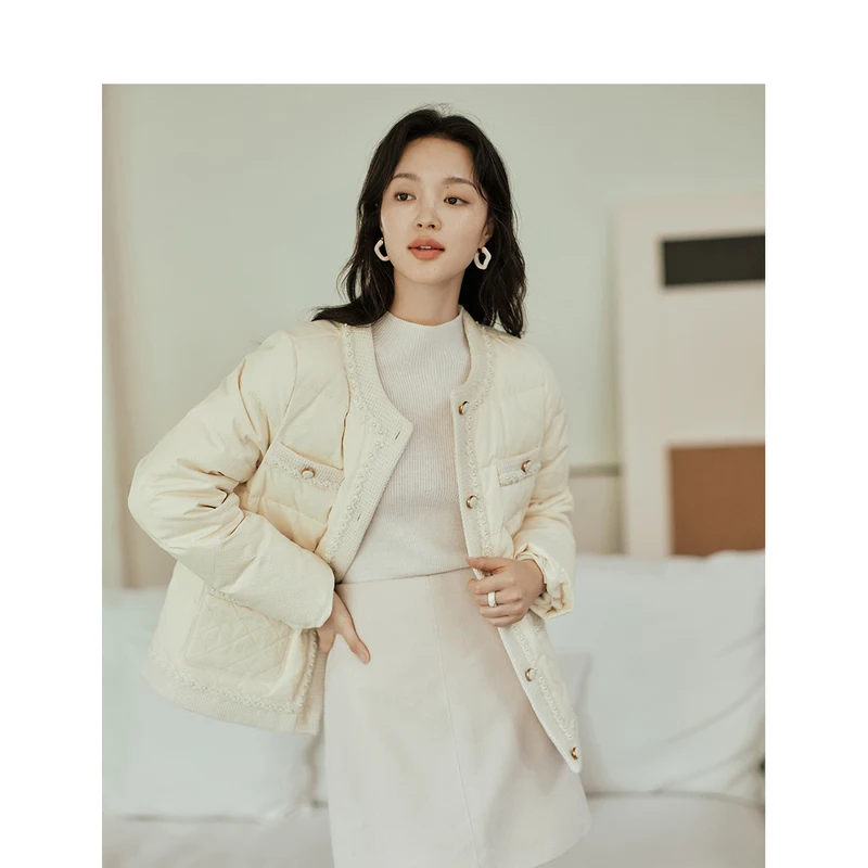 INMAN Women 90% White Duck Down Jacket 2023 Winter Long Sleeve O Neck Loose Thick Coat Pearl Decoration Elegant Apricot Outwear