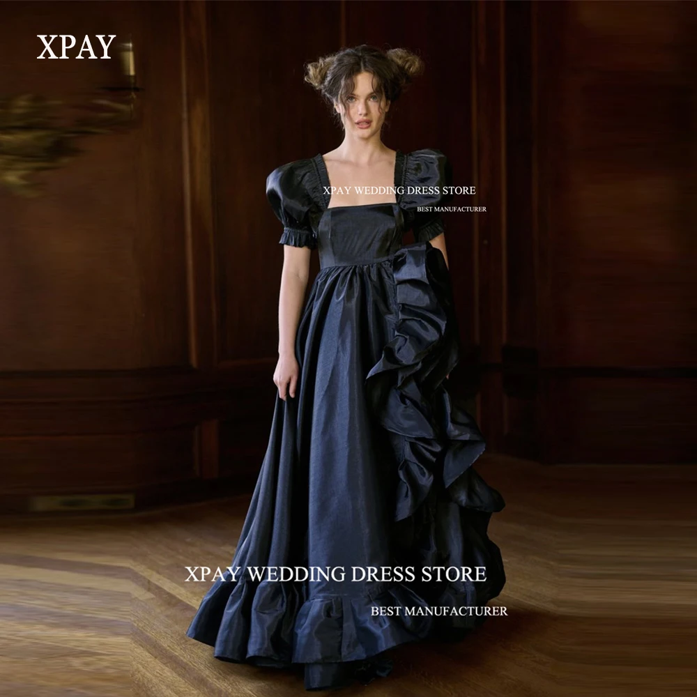 

XPAY Vintage Taffeta A Line Evening Dresses Arabic Women Puff Short Sleeves Square Neck Ruffles Long Prom Gowns Party Dress