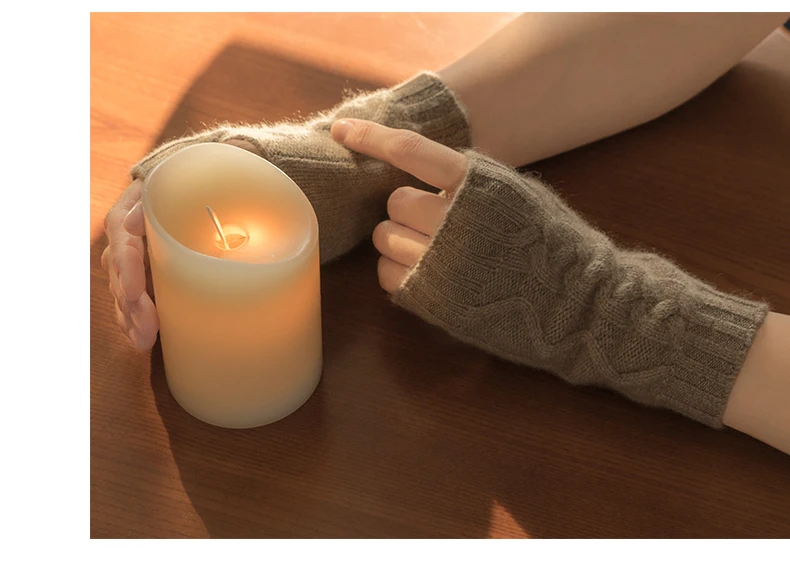 100% Real Cashmere Autumn Winter Thick Cable Gloves Mitten Fingerless Warm Wrist Length Thumb Hole Mitts Classic Female Elegant