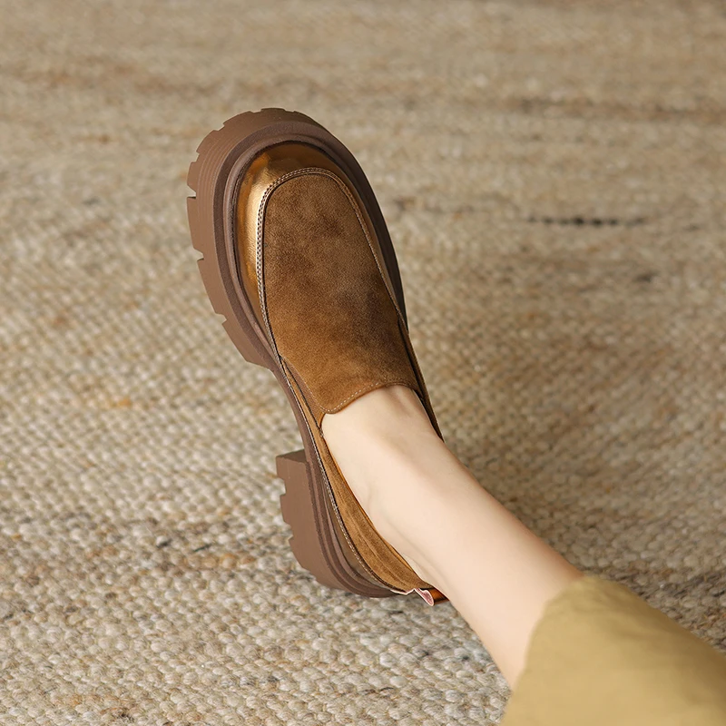 New Platform Women's Loafers Shoes Square Heels Kid Suede Elastic Band Casual Splicing Mixed Colors Retro Style Grinding Texture
