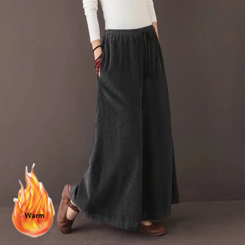 Plus Velvet Oversized Wide Leg Pants Women Korean Style Loose Corduroy Pantalones Warm Winter High Waist Baggy Trousers M-2XL