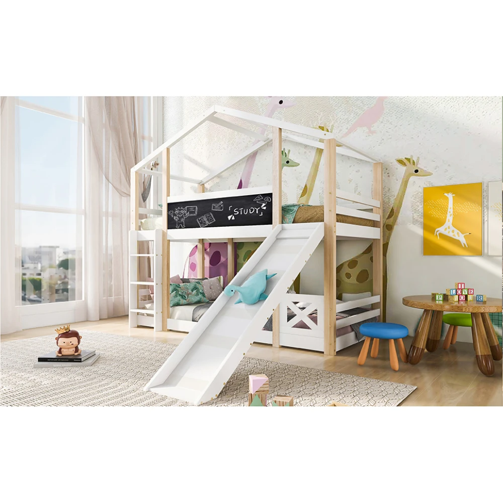 90 x 200 cm modernes Etagenbett, Kinderbett, Baumhaus mit Rutsche und Leiter, Hochbett für Kinder mit Schieferrost, für Schlafzimmer – Detail 24