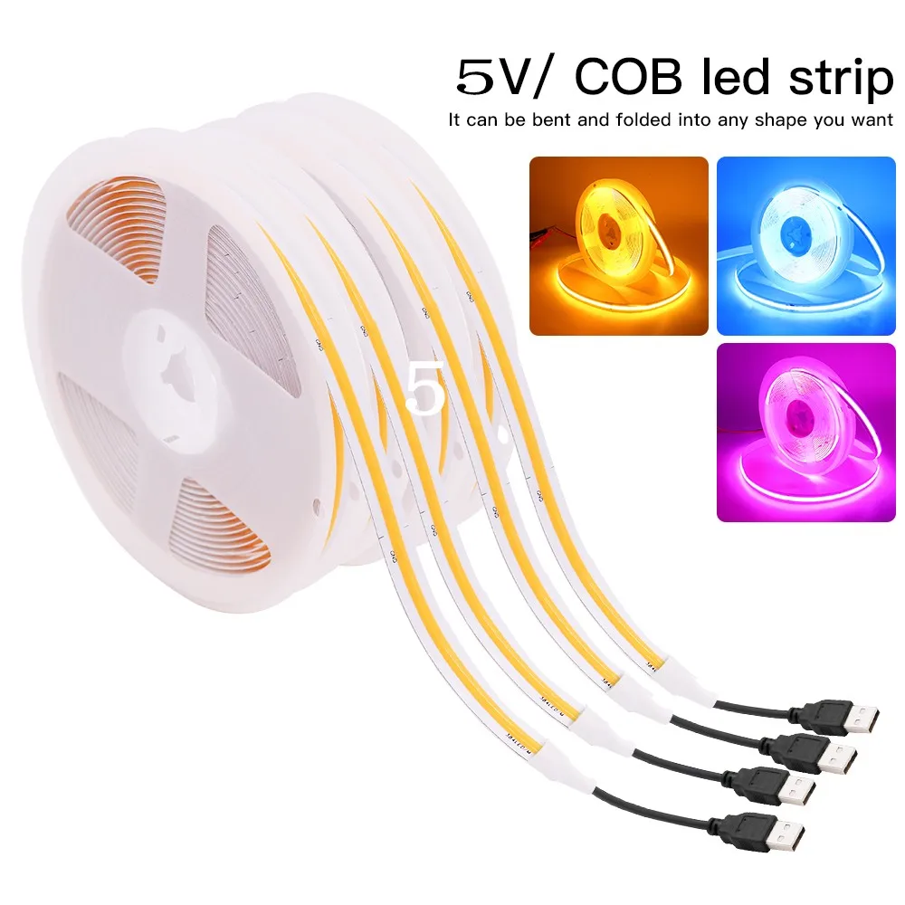 

DC5V USB Powered COB LED Strip Light 320Leds/m High Density Non-waterproof FOB Linear Lights Ribbon RA90 Flexible Tape Rope Lamp