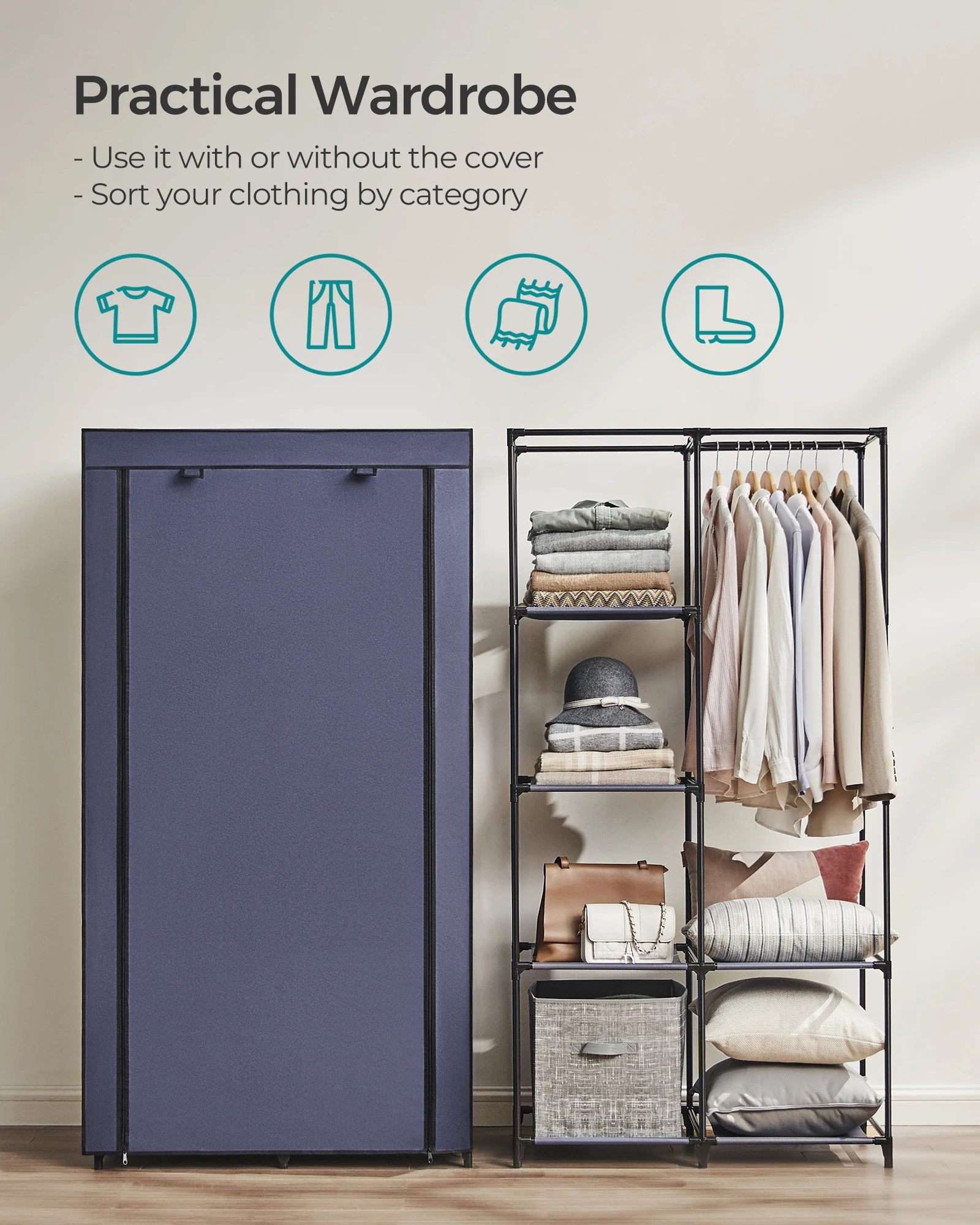 SONGMICS Portable Closet, 34.6 Inch Large Capacity Wardrobe Closet Organizer with Fabric Cover, Hanging Rods and Shelves 3