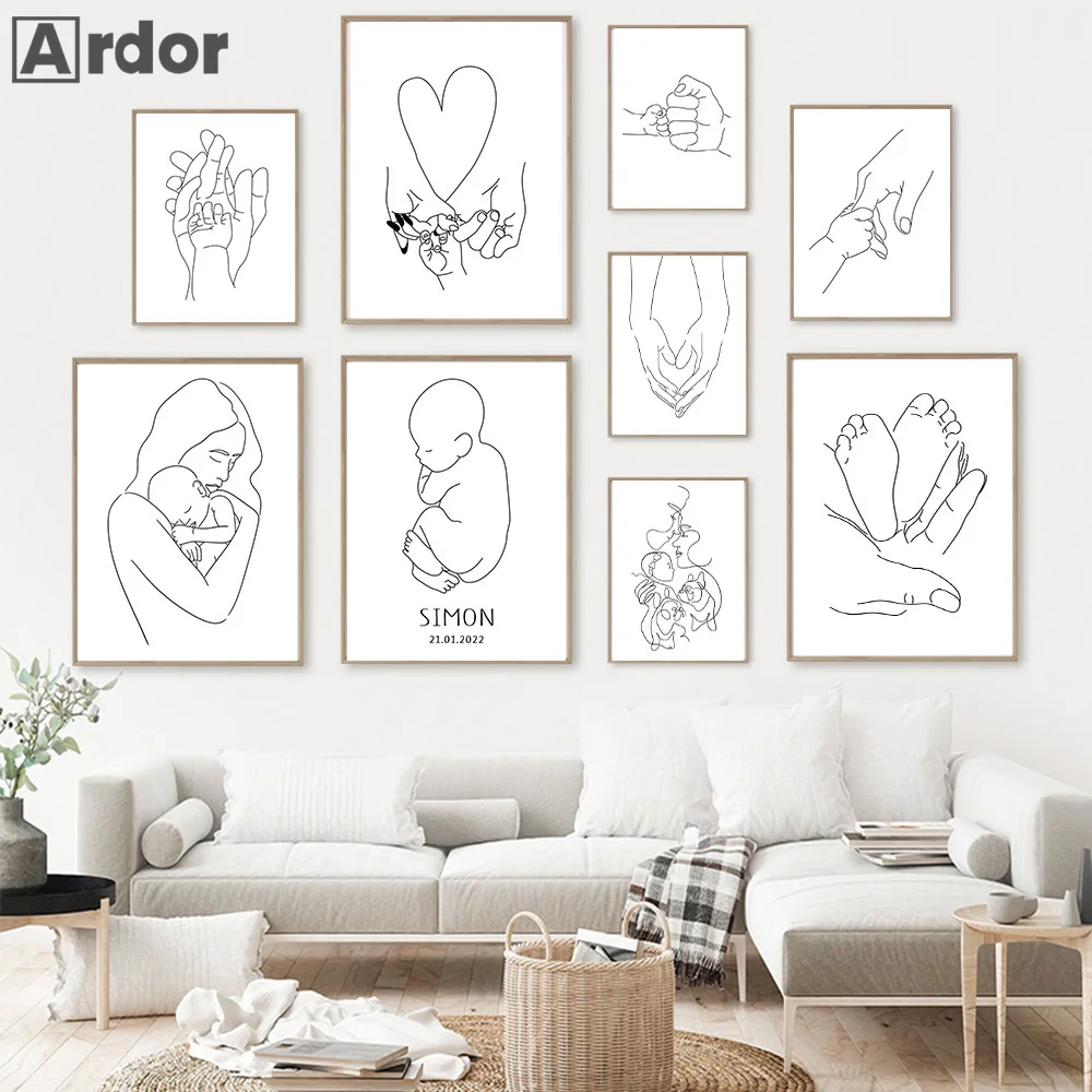 Custom Name Birth Prints Family Poster Abstract Line Drawing Canvas Print Baby Hands Wall Art Painting Nordic Picture Home Decor