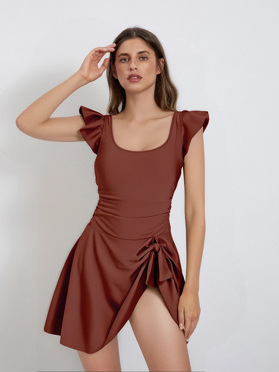 Women Solid Color Swim Dress Slim U Neck Fly Sleeve Side Tie-up Backless Mini Swimsuit Dress Casual one_piece Swimwear for women 4