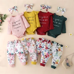 Ensemble de vêtements à volants pour bébé fille, barboteuse à manches longues avec lettres, pantalon imprimé floral et bandeau, vêtements pour nouveau né 