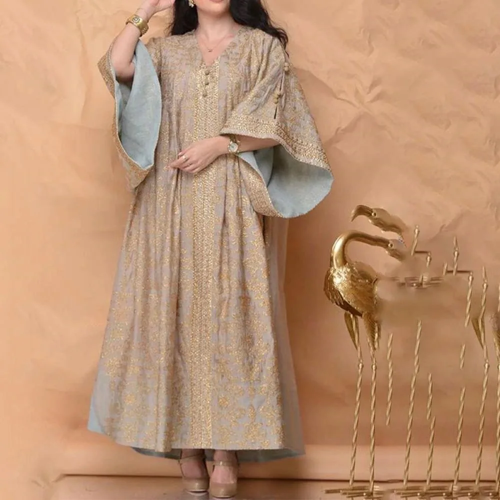 

Kaftan Dress for Woman Middle Eastern Robe Khaki V-Neck Printed Gold Embroidered Loose Flared Sleeve Dress Robe Muslim Robe 2022