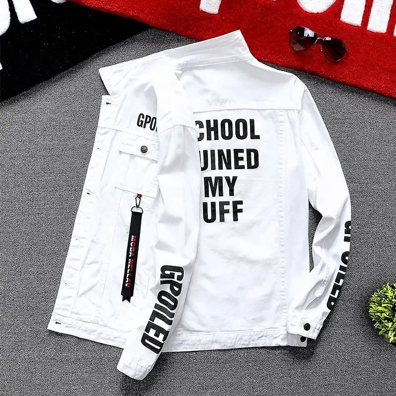 thumbnail image 1 of Chaqueta vaquera negra con botones para otoño para hombre, chaqueta vaquera blanca con estampado de letras, abrigo para hombre, lavado rojo G, estética de bajo coste al precio más bajo, 1 of 4