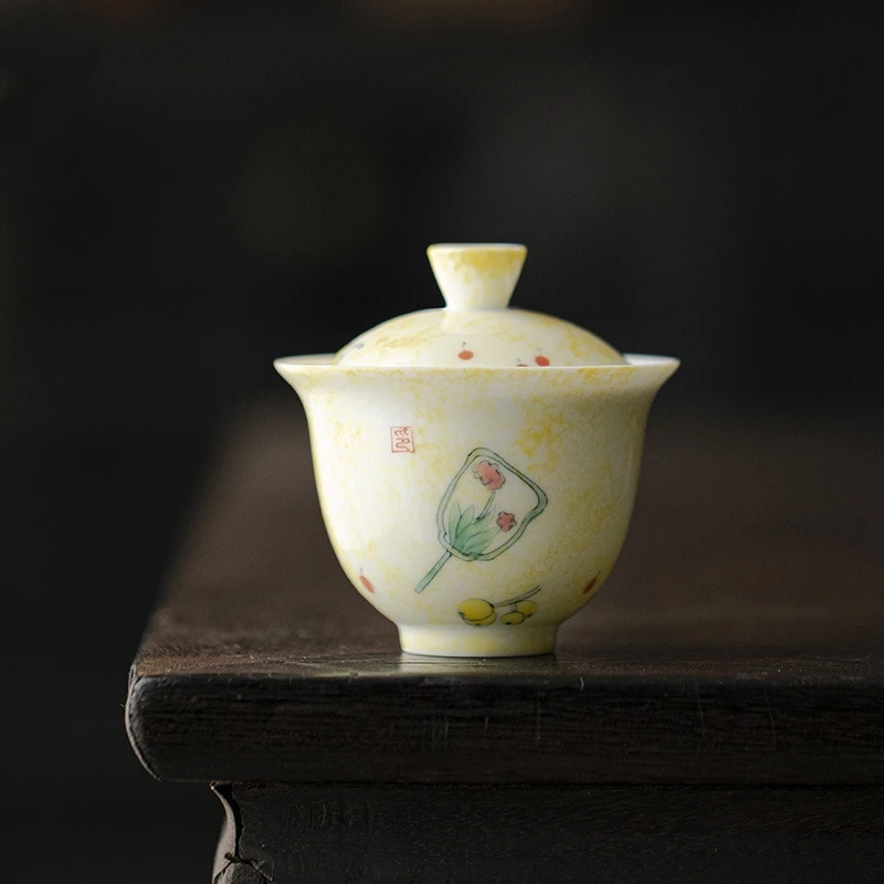 

Hand Painted Fan Jade Ceramic Gaiwan For Tea Tureen Teaware Set Yellow Chinese Tea Bowl Chawan Lily Deng's Store Tea Cup