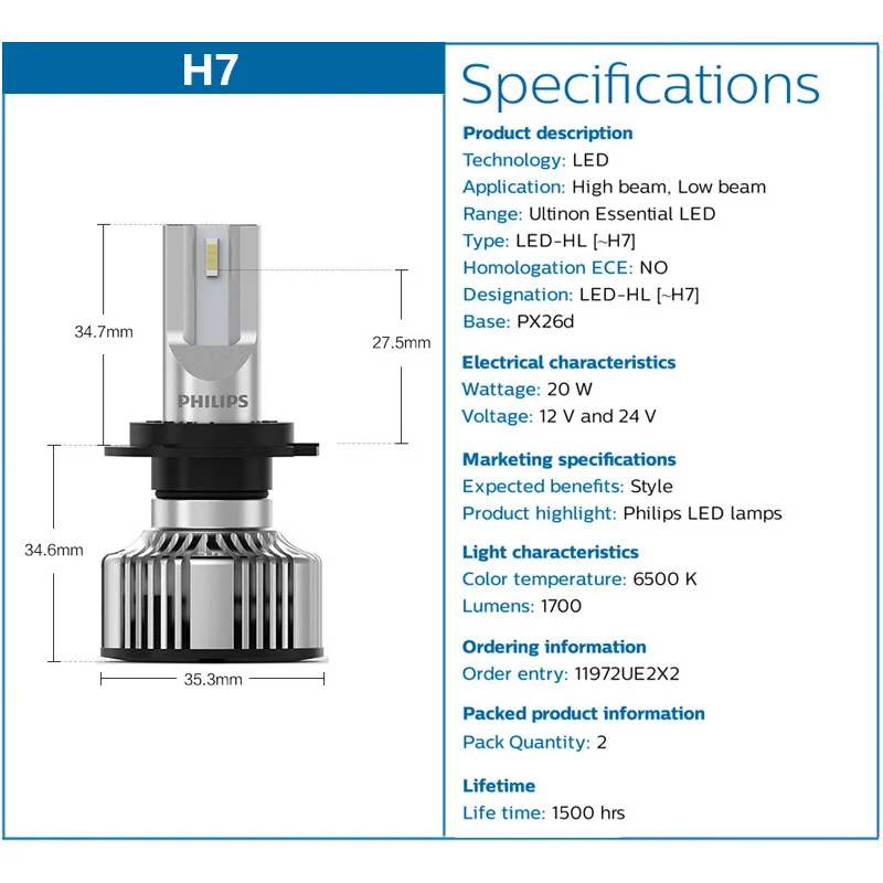  PHILIPS Ultinon Essential LED Car Headlight Bulb (H7) 6.500K :  Automotive