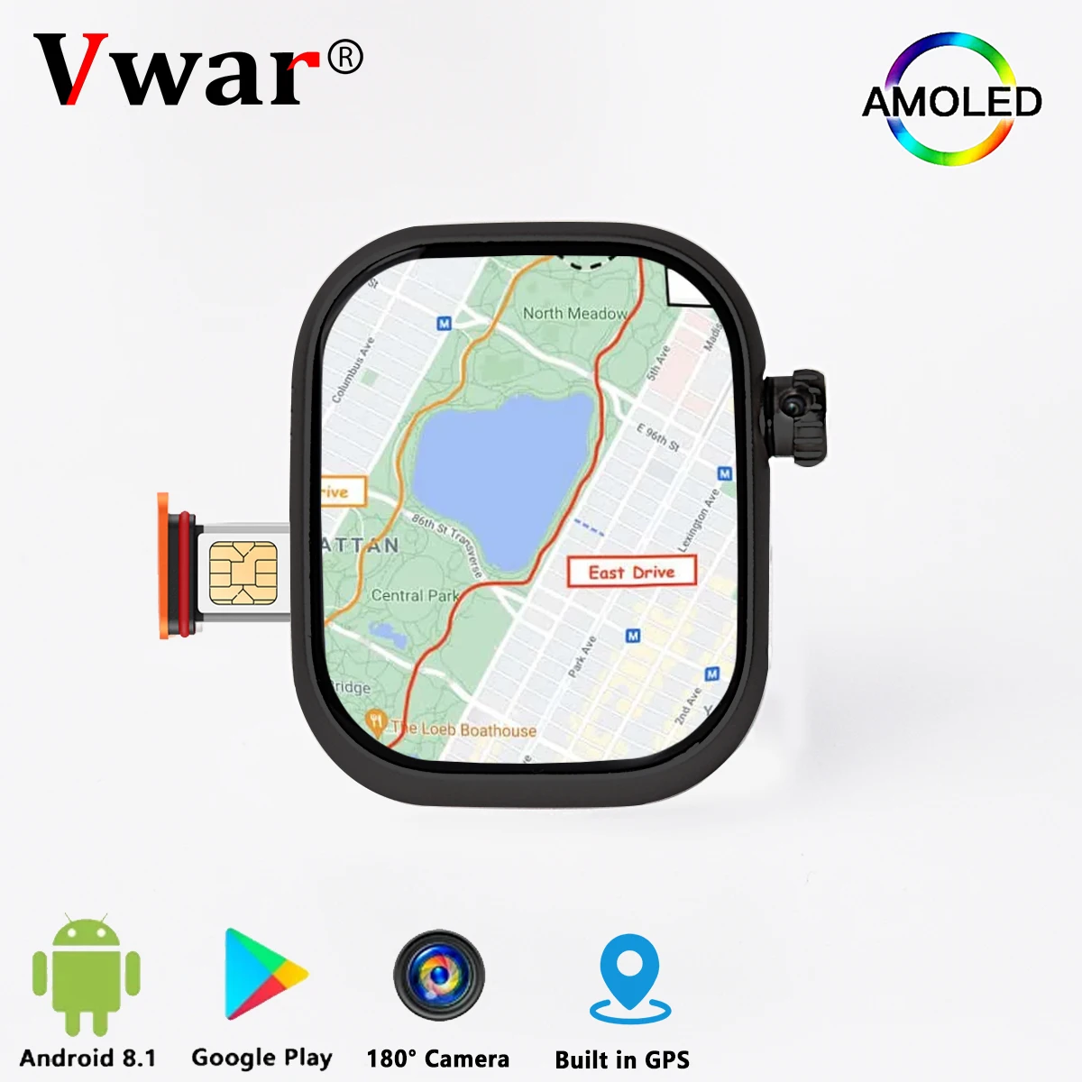 Vwar S9 스마트 워치 4G 안드로이드 시스템 SIM 카드, 1000 nits AMOLED 스크린 스마트워치, 와이파이 GPS 카메라, 구글 플레이 스토어