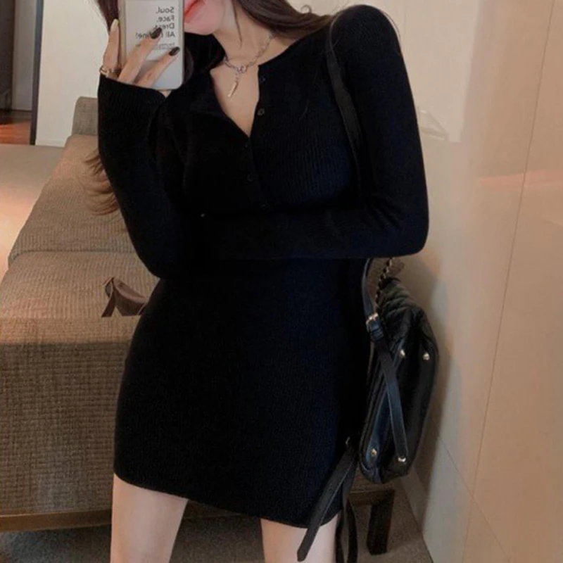 Women Dress y2k Clothes Solid Color Buttons Round Neck Long Sleeve Mini Bodycon Dress Evening Party Dresses Streetwear