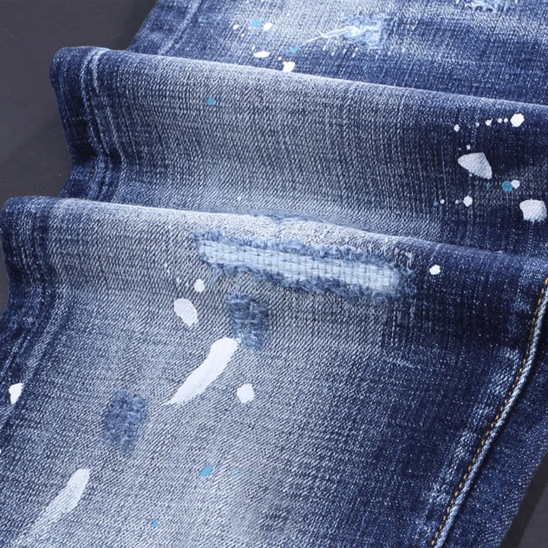High Street Fashion Men Jeans Retro Blue Stretch Skinny Fit Painted Ripped Jeans Men Vintage Designer Brand Denim Pants Hombre