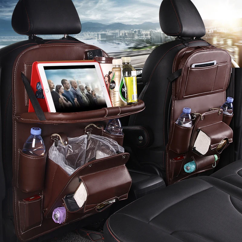 Car Rear Seat Organizer Folding Tray w/Trash Can Tablet Holder Tissue