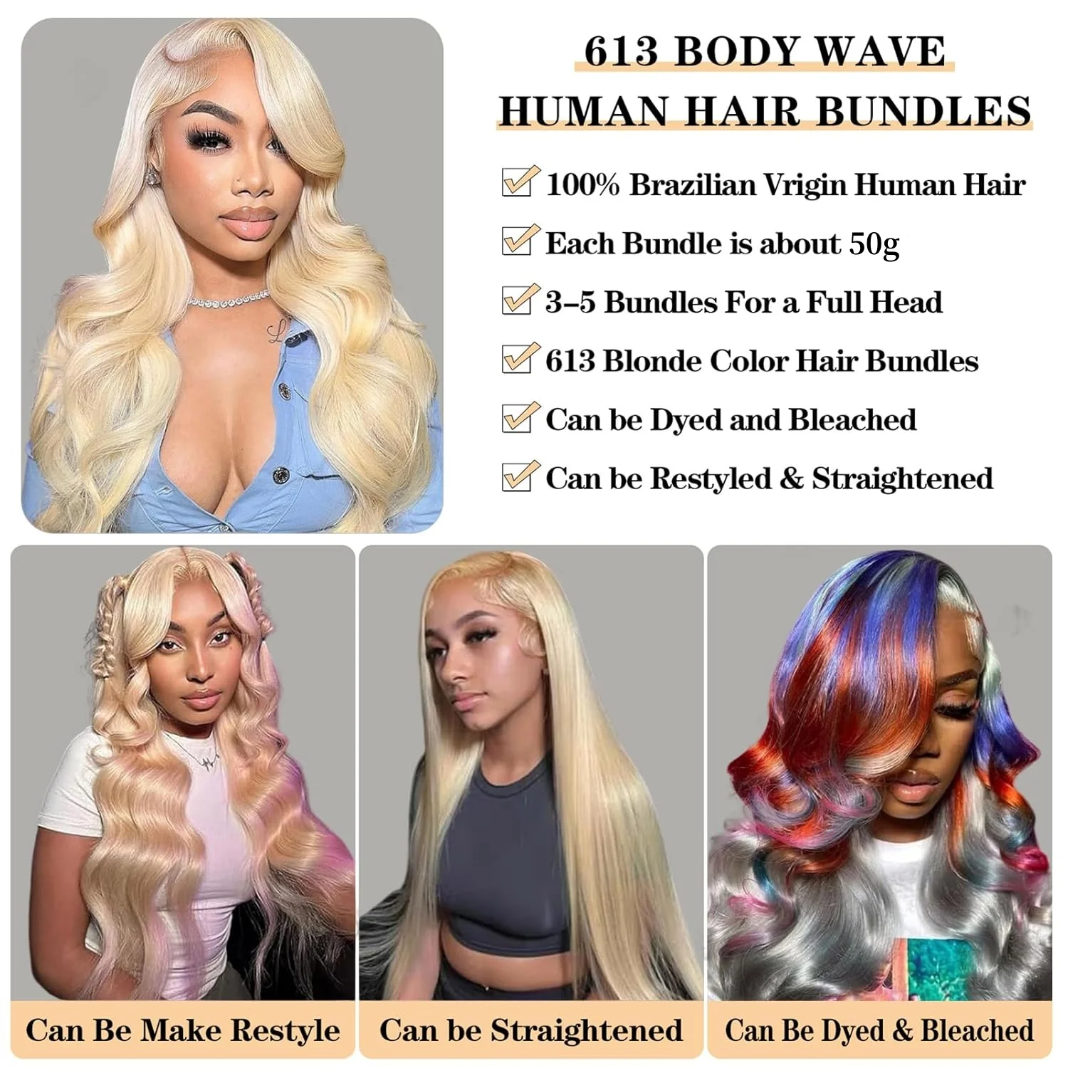 Body wave 613 Bundles Human Hair 4 Bundles Human Hair Extensions Brazilian Remy For Women 50g Curly