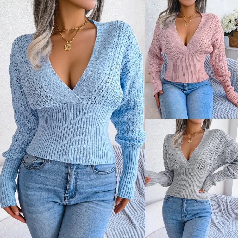 

Autumn Winter V-Neck Sweater 2023 Women's New Elegant Long Sleeve Skeleton Design Knitted Jumper High Waist Slim Knitted Sweater