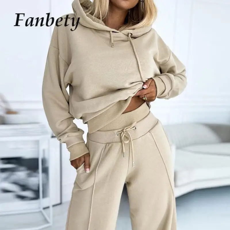 

Autumn Casual Temperament Tracksuit Two Piece Set Women Solid Hooded Trouser Suits 2023 Lady Sweatshirt Sports Hoodie Sportswear