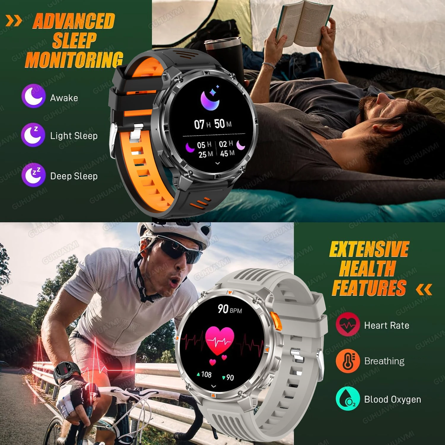 New Military Tactics Sport Smart Watch 1100Mah Battery Fitness GPS Tracking Bracelet 5ATM Waterproof Flashlight Call Watches Men