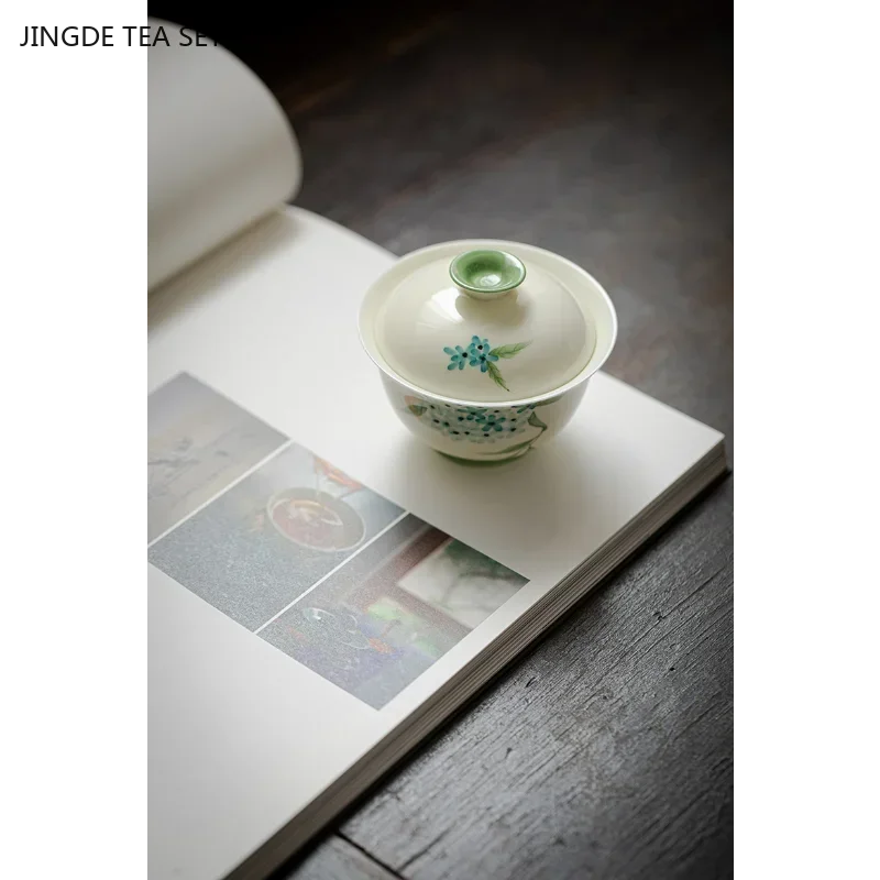 1PCS 100ml Chinese ceramic gaiwan hand-painted Flower pattern Tea infuser high-end anti scalding tea cup exquisite tea set
