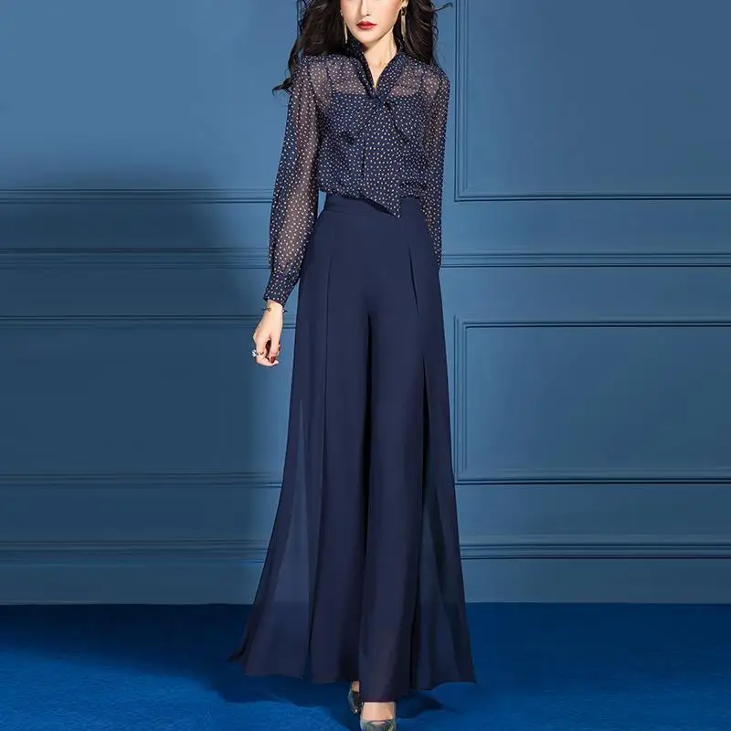 Fashion Set Women's Spring/Summer 2023 New Age Reducing and Slimming Style Goddess Fan Chiffon Wide Leg Pants Two Piece Set
