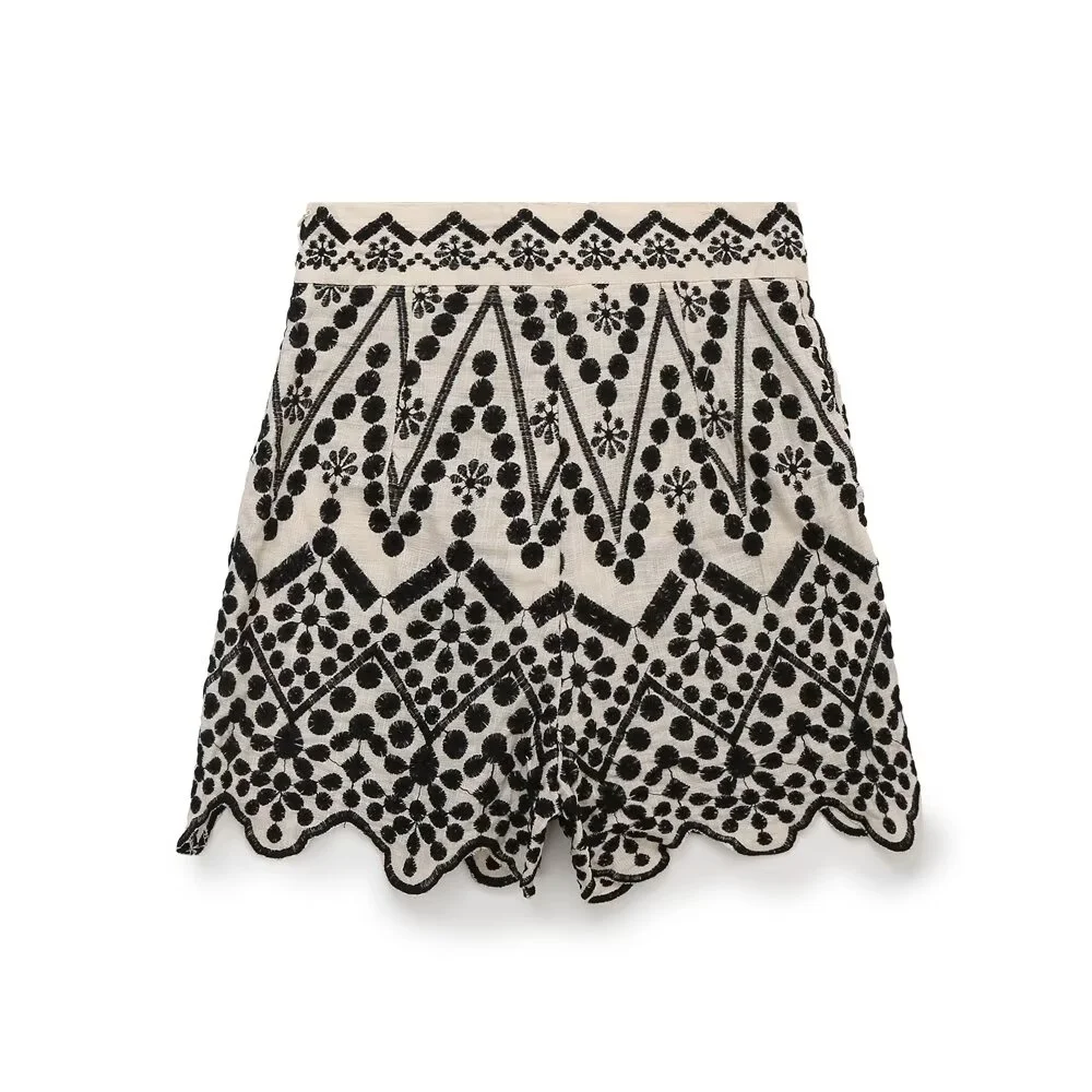 Taop&Za's 2024 Summer New Women's Fashion Casual Color Contrast Loose Embroidered Short sleeved Shirt High Waist Shorts Set