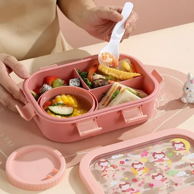 Boîte à déjeuner de dessin animé pour enfant, compartiment Portable, boîte à repas de pique-nique avec bol à soupe anti-fuite, boîte à Bento chauffante pour micro-ondes 5