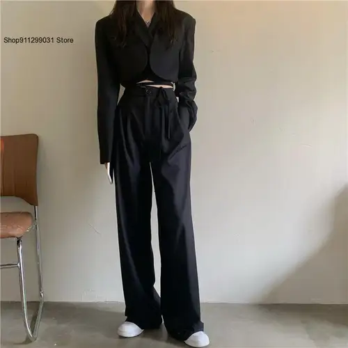 여성 섹시한 새로운 세련된 자르기 블레이저 재킷 & 높은 허리 바지 정장 넓은 다리 바지 복장, 여성 여름 패션 2 피스/세트 2