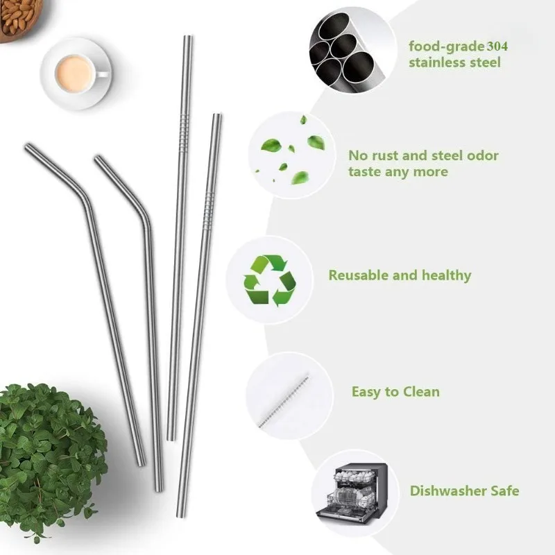 Durable Stainless Steel Reusable Metal Straws with Cleaning Brush for Milkshakes, Bubble Tea, and Smoothies